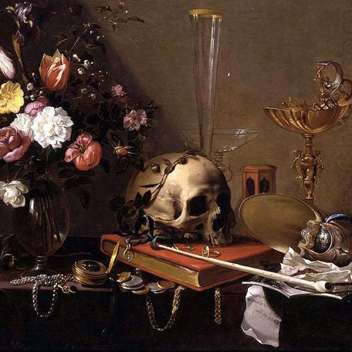 Still Life with Bouquet and Skull - by Adriaen Van Utrecht